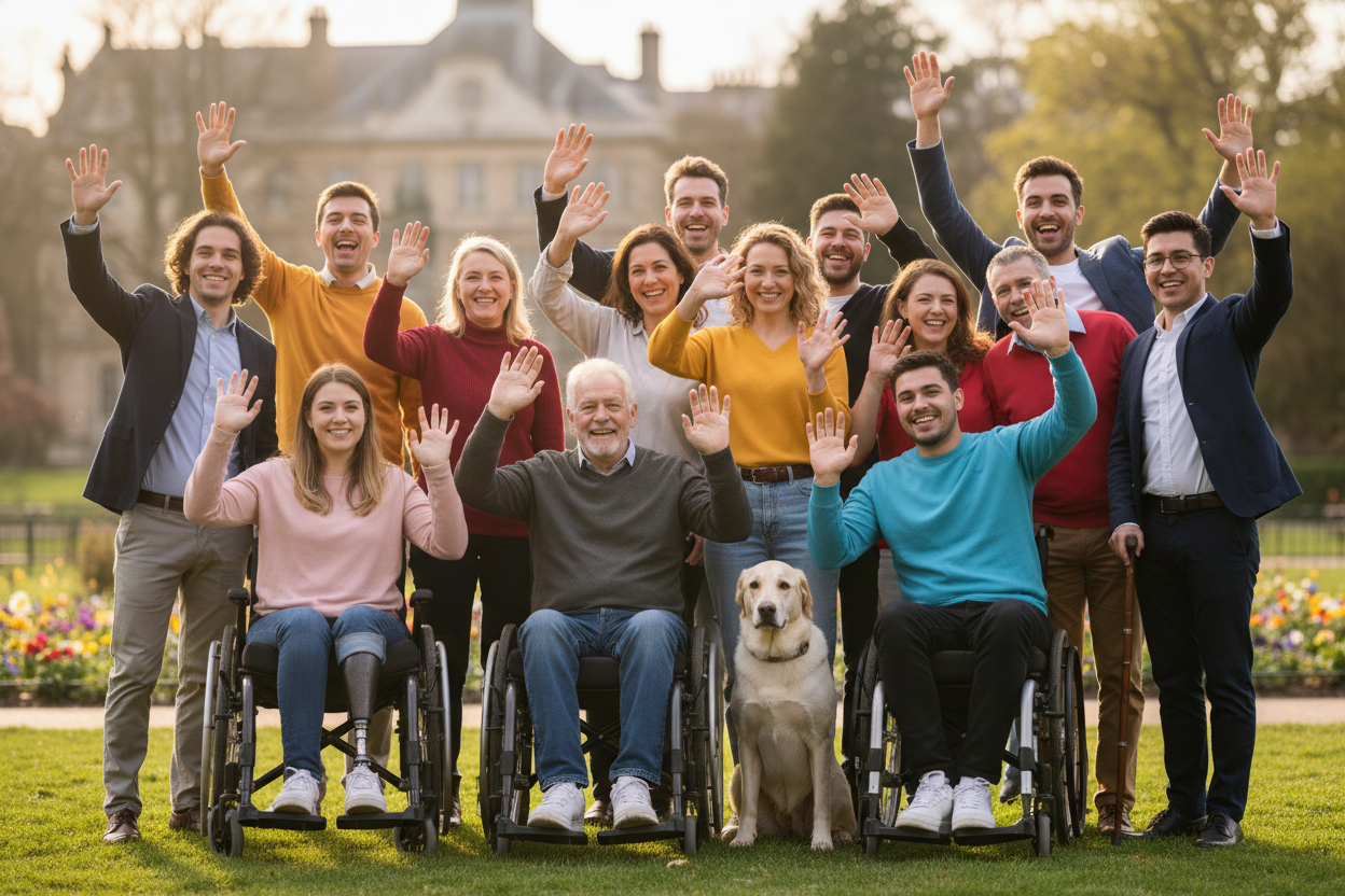 kilkanascie osob z roznymi niepelnosprawnosciami takze niewidocznymi, mlodzi, w srdenim wieku i starsi, stoja jak do zdjecia grupowego, ladnie sie usmichaja i machaja do ogldajacego
